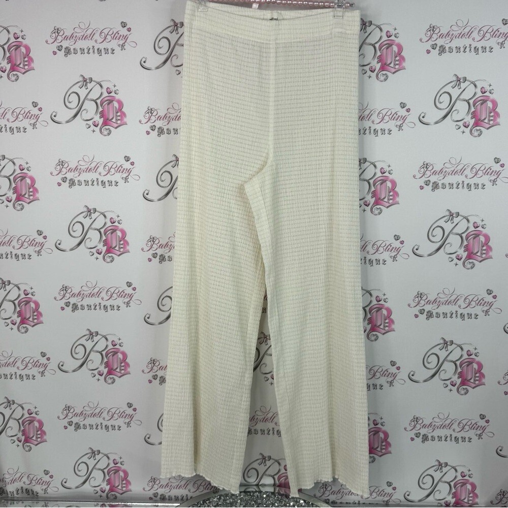 Wilfred pants high waisted ruffle trim hem textured Cream Wide Leg Pants aritzia
